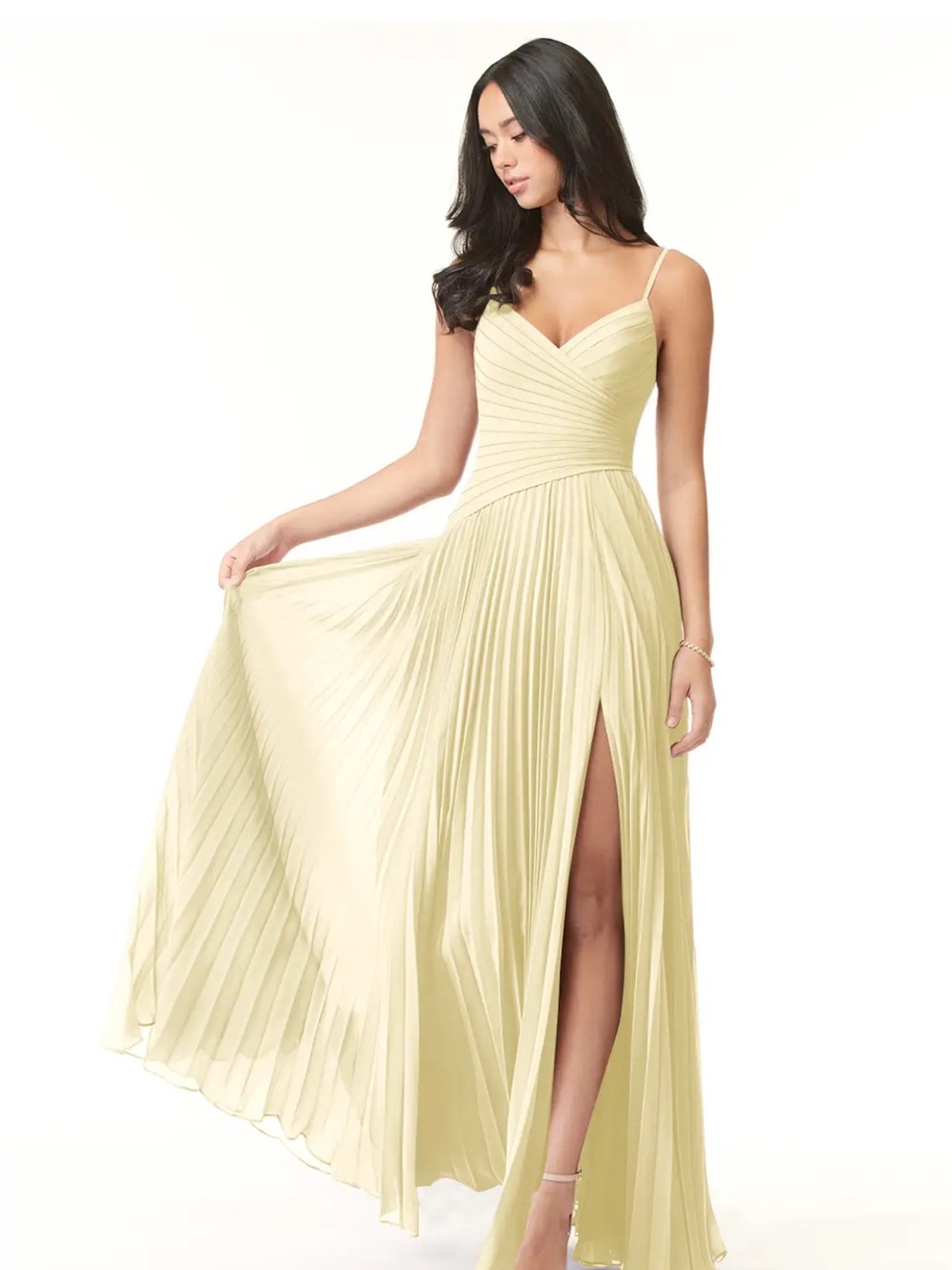 Azazie Pale Yellow Pleated Spaghetti Strap Gown